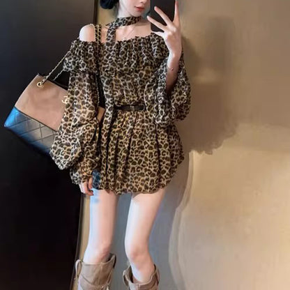 Retro Sexy Leopard Print Off-Shoulder T-Shirt With Belt