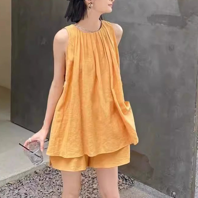 Sleeveless Cotton-Linen Top & Loose Shorts Two-Piece Set
