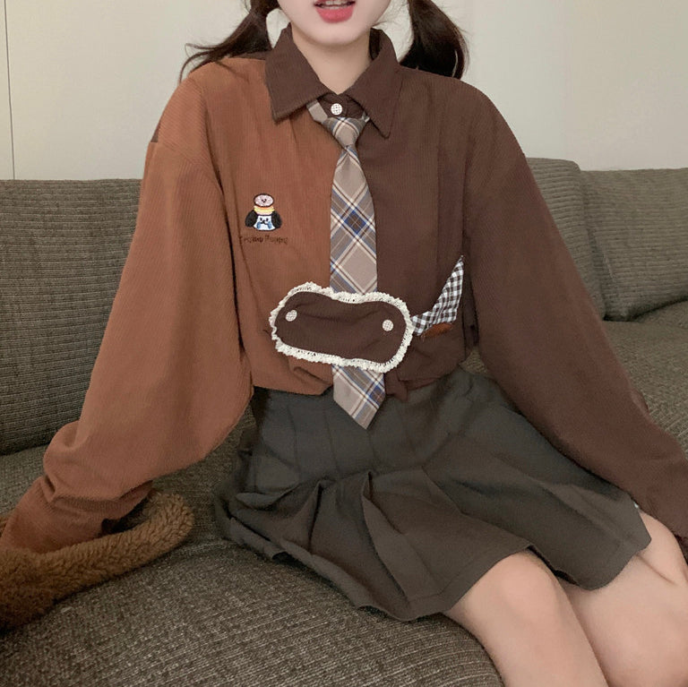Retro Embroidered Corduroy Color-Blocked Tie Shirt