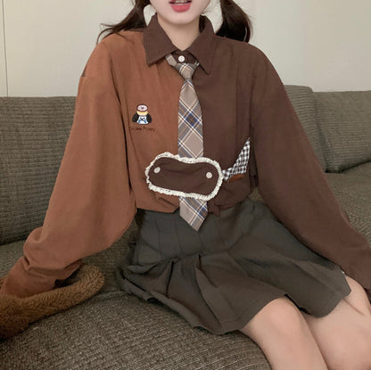 Retro Embroidered Corduroy Color-Blocked Tie Shirt