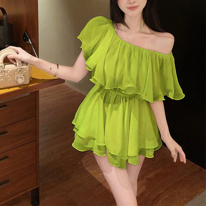 Ruffled Chiffon Off-The-Shoulder Blouse