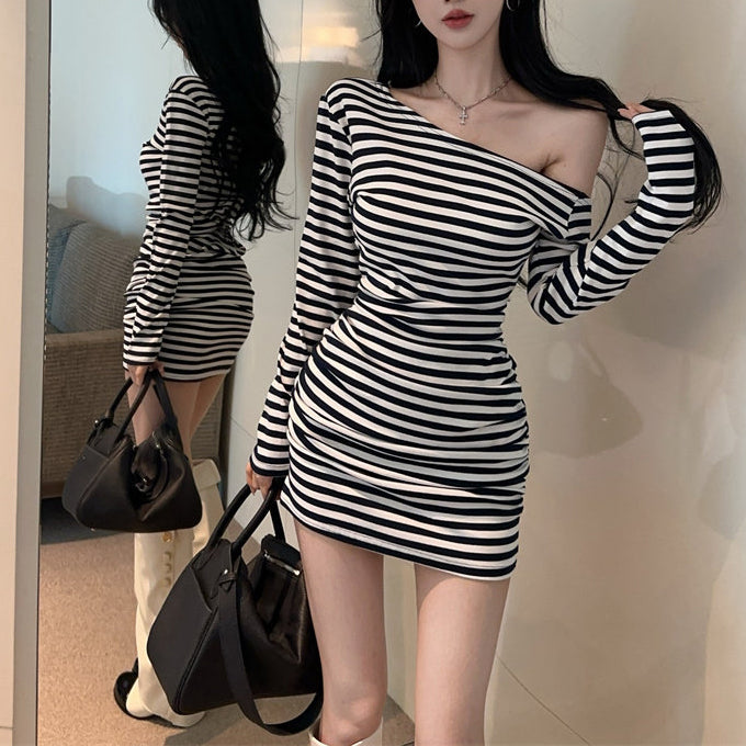 Sexy Color-Block Striped One-Shoulder Dress