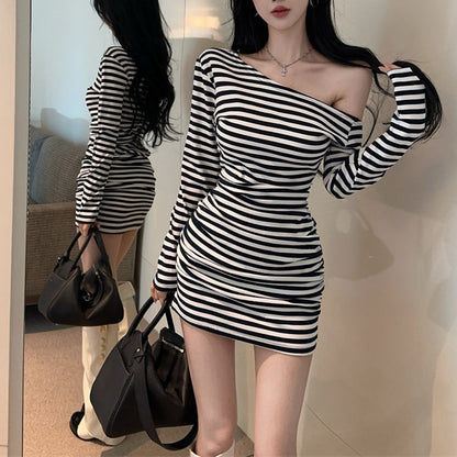 Sexy Color-Block Striped One-Shoulder Dress