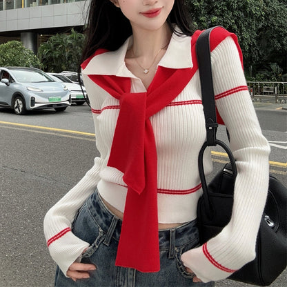 Niche Sexy Contrast Color Lapel Sweater Top