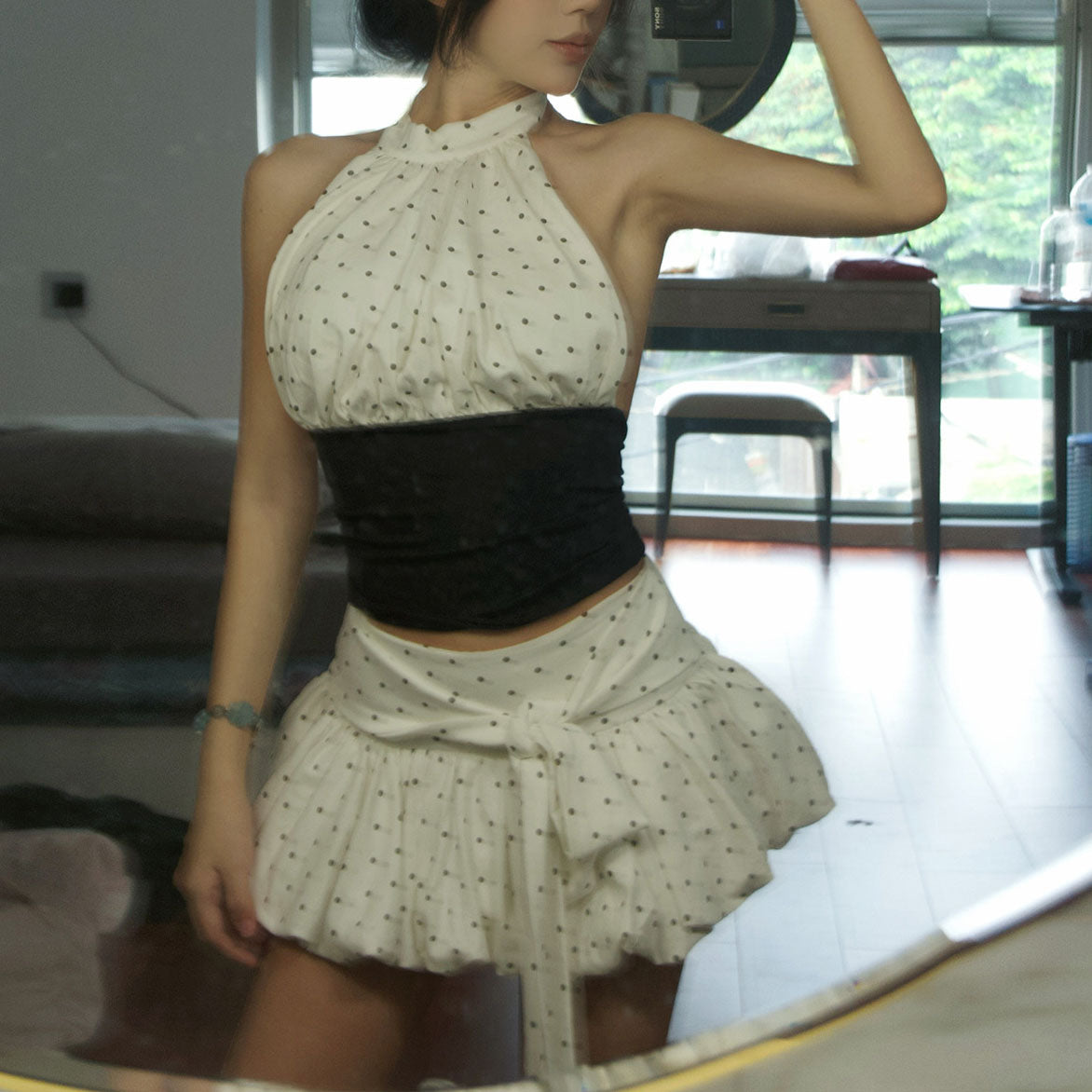 French-Style Polka-Dot Halter-Neck Tie-Front Top And Skirt Set