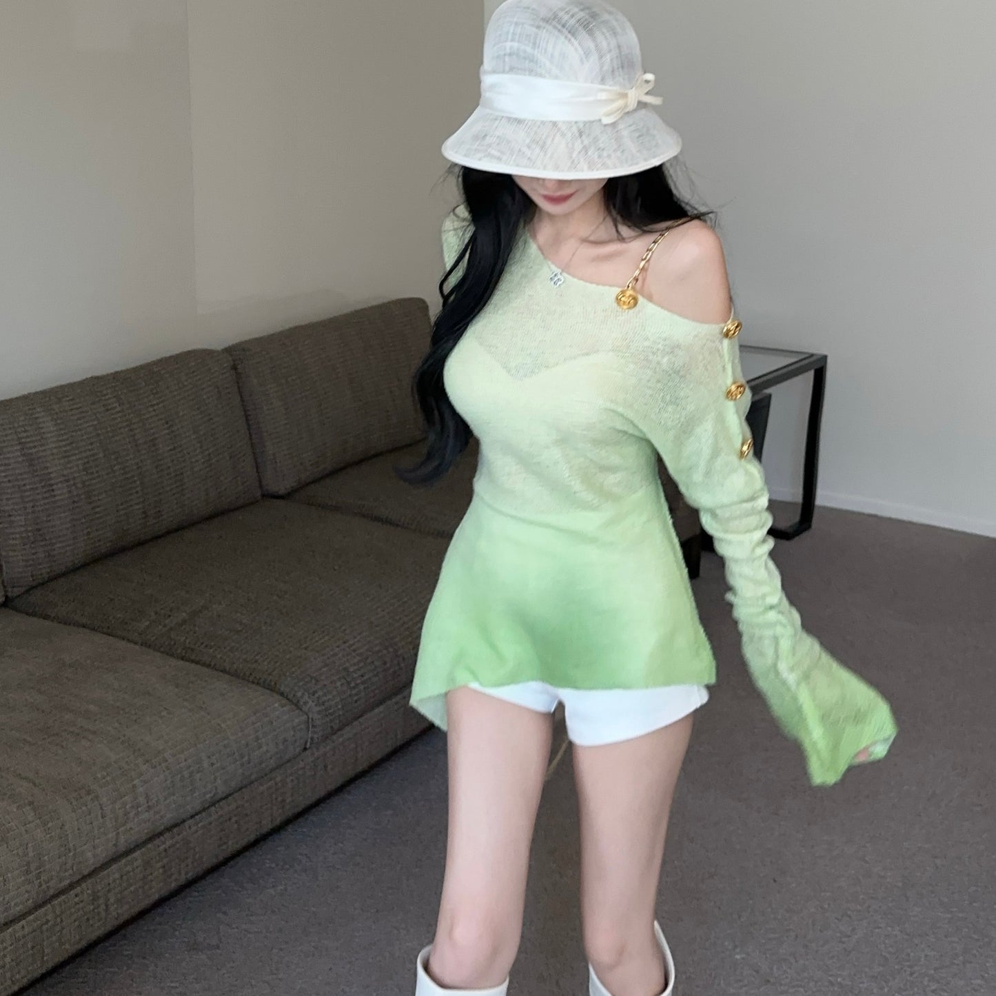 Gradient Color Off-Shoulder Metal Button Sexy Irregular Long-Sleeved Blouse