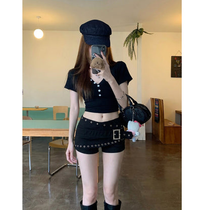 Black low-rise punk shorts with studs