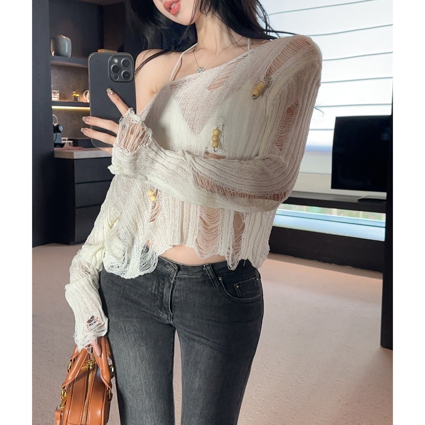 Hollow Loose See-Through Knitted Cardigan Top