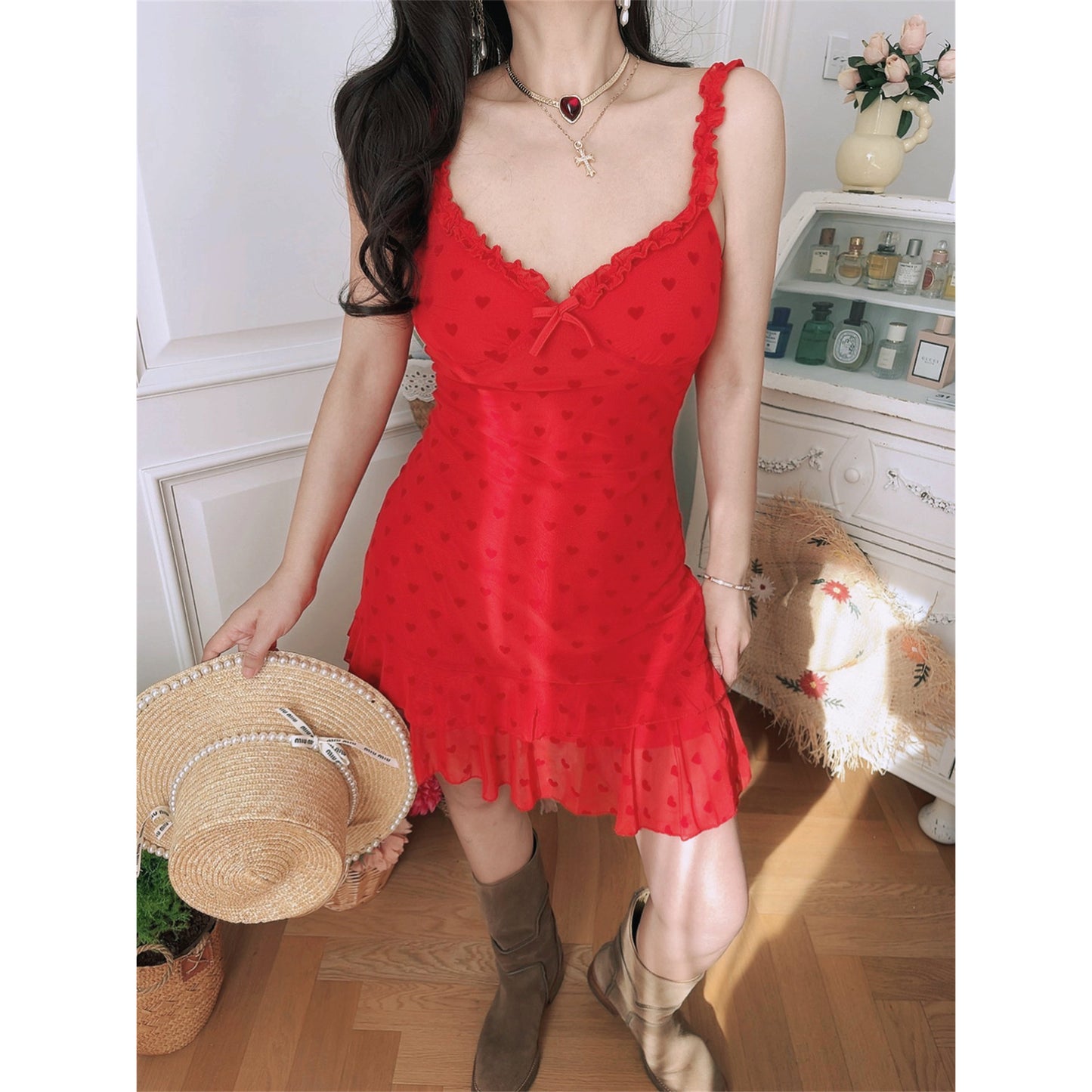 Retro Red Heart-Shaped Ruffled Mesh Vacation Sundress