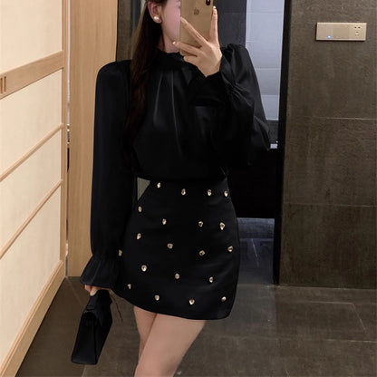 Puff Sleeve Satin Shirt Dress Two-Piece Set