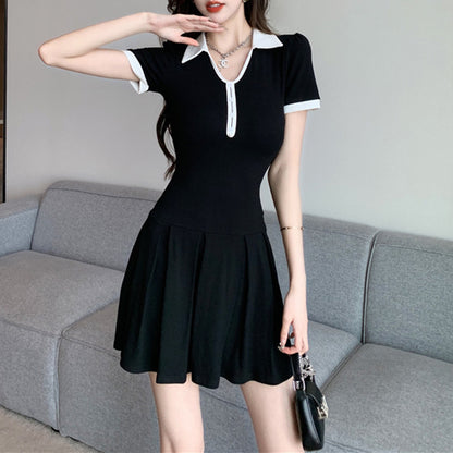 Audrey Hepburn-Style Black Color-Block Polo Dress