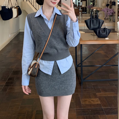 Casual-Chic Three-Piece Set Featuring A Knit Vest And A Mini Skirt