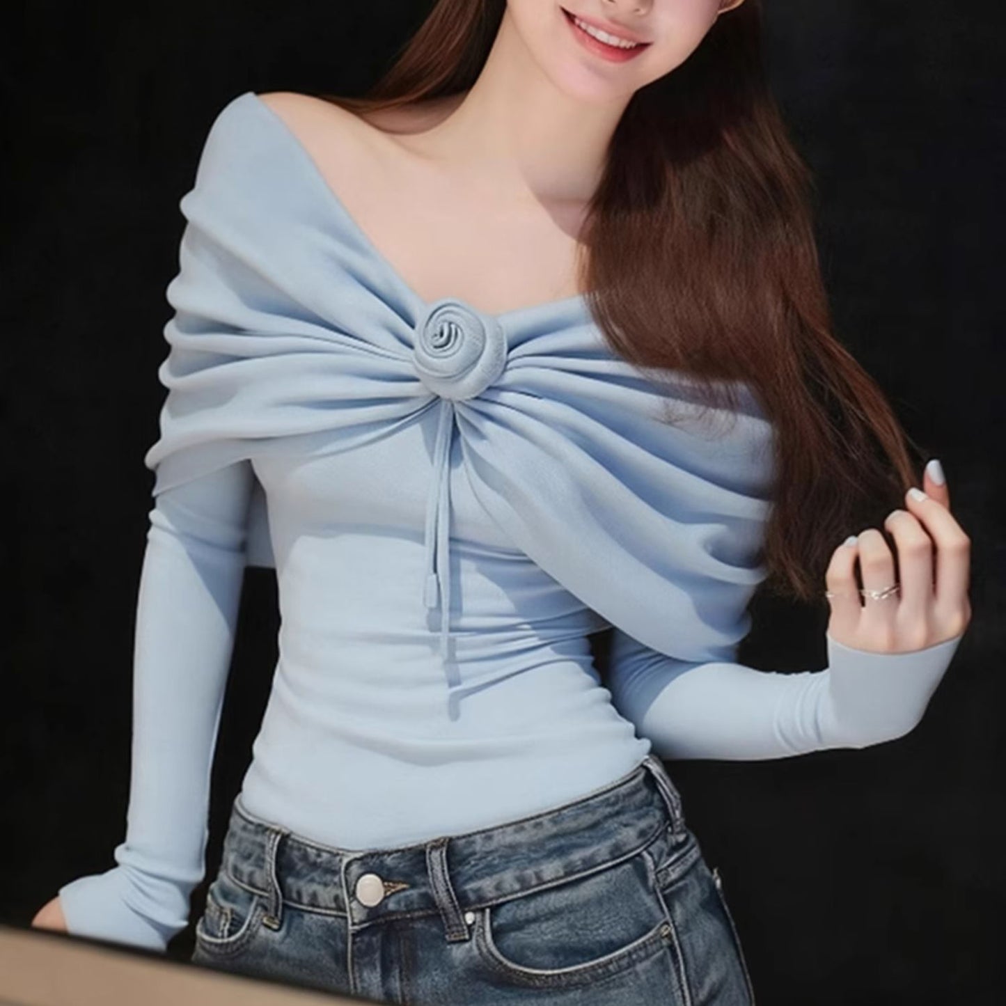 Sexy One-Shoulder 3d Floral Long-Sleeved Sweater