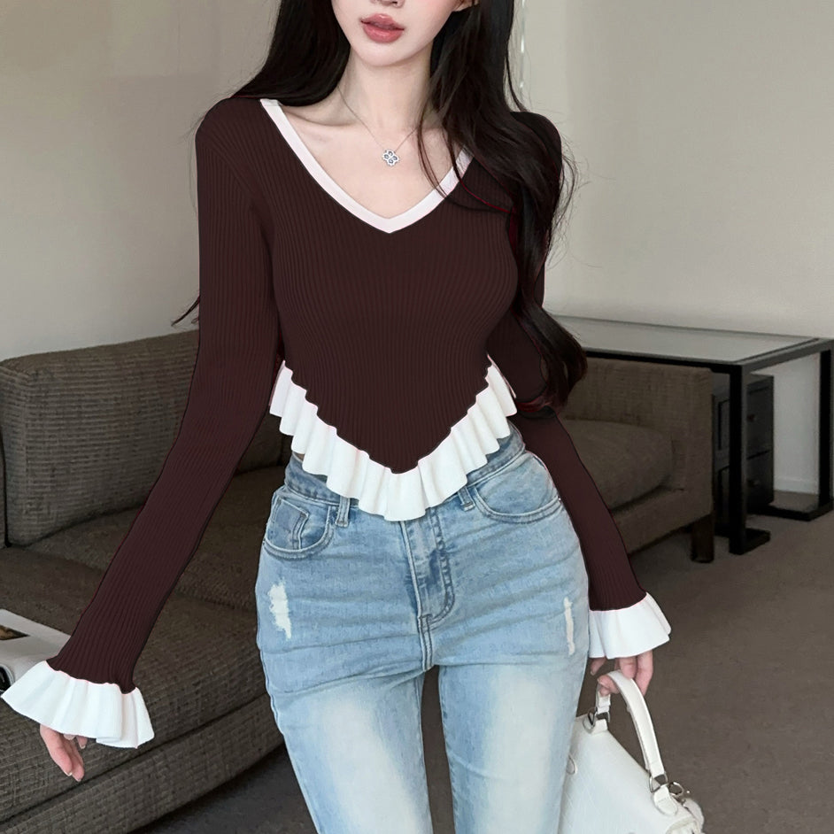 Ruffle Contrast Color Fashionable Sexy Irregular Long-Sleeved Knitted T-Shirt