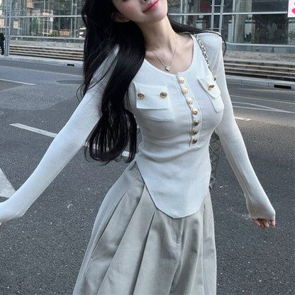 Metallic Single-Breasted Crew-Neck Knit T-Shirt