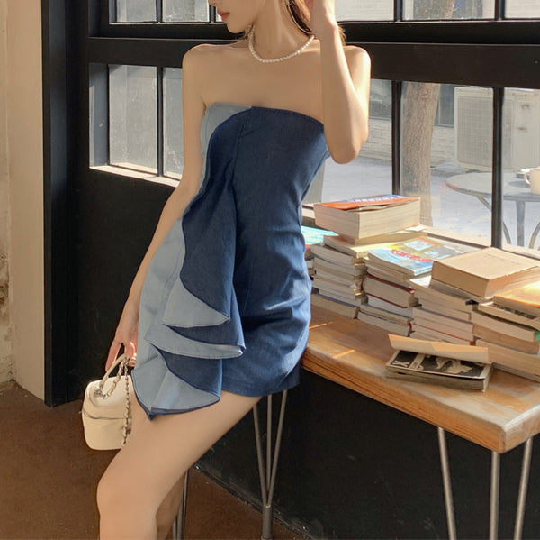 Contrast color stitching one-shoulder tube top sexy ruffle dress