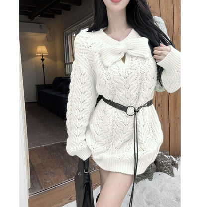Lazy Style Sweet And Sexy Bow Knitted Sweater Dress