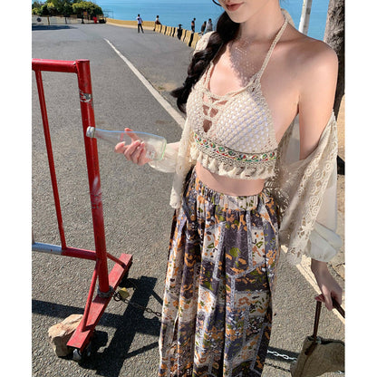 Ethnic-Style Printed Wide-Leg Pants Skirt Vest Set