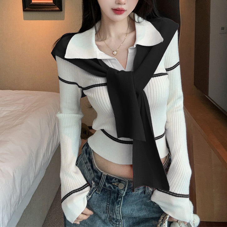 Niche Sexy Contrast Color Lapel Sweater Top