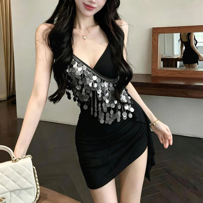 Mesh Tassel Sequined Slip Dress