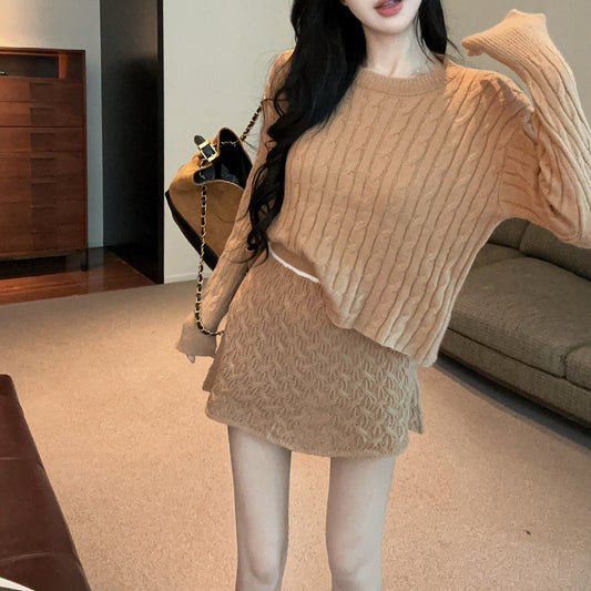 Retro Sexy Round Neck Cable Knit Top High Waist Miniskirt Set