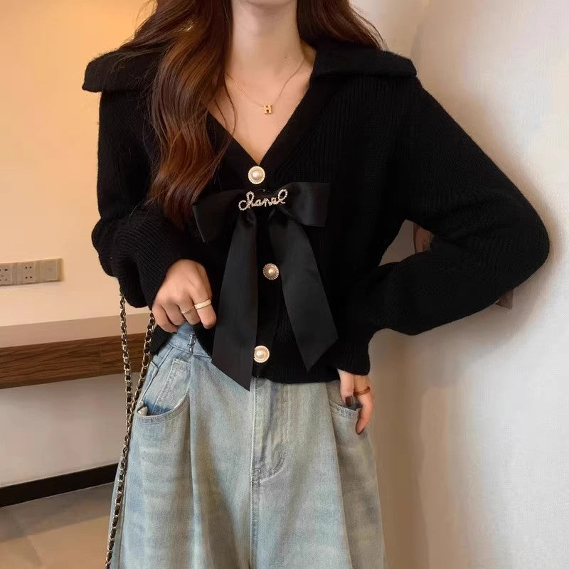 Niche Style Bow-Tie V-Neck Short Knit Cardigan