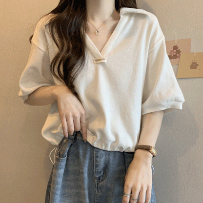 Letter-Print Drawstring Polo T-Shirt