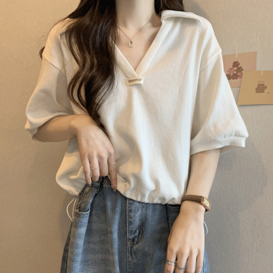 Letter-Print Drawstring Polo T-Shirt