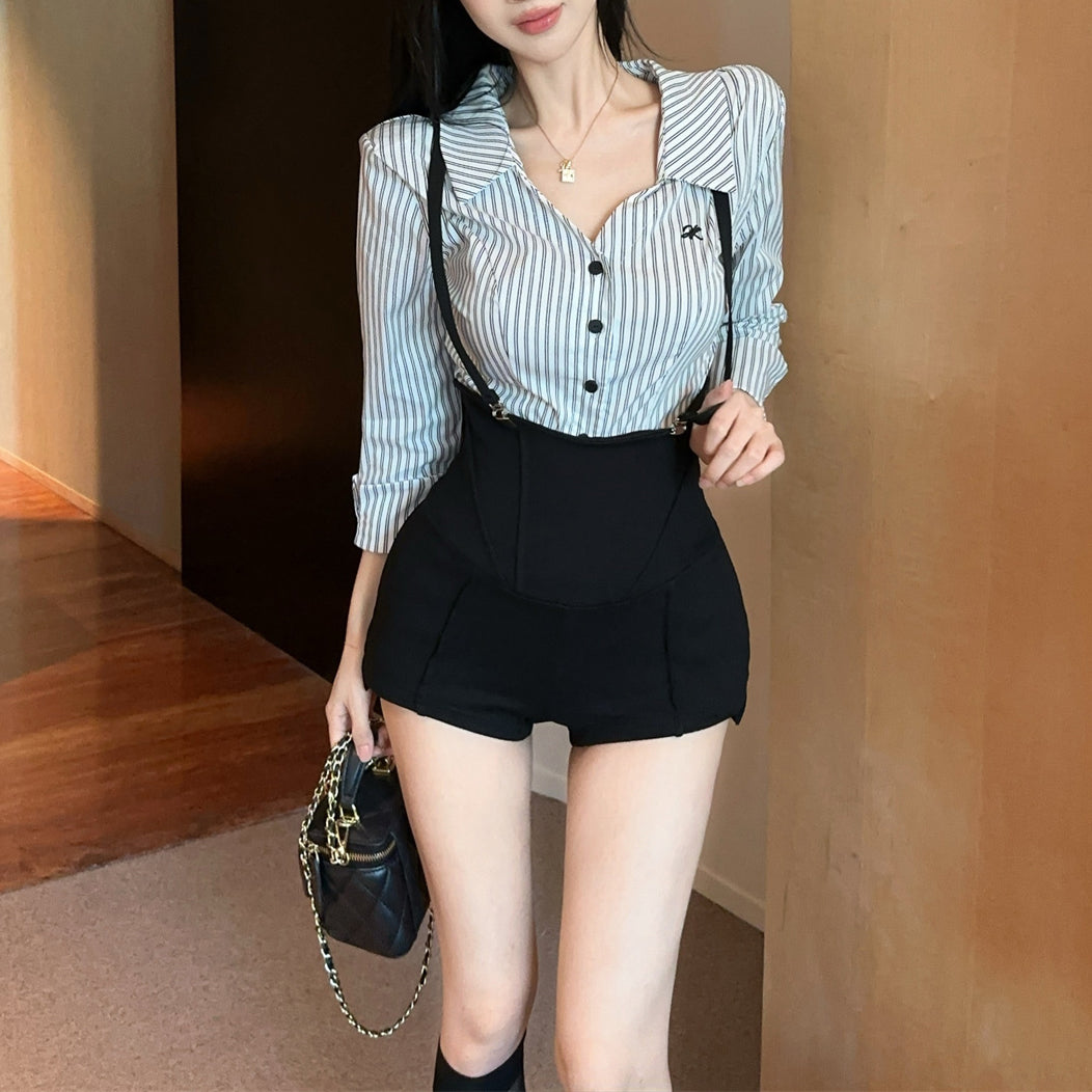 Sexy Contrasting Lapel Shirt And High-Waisted Overalls Shorts Set