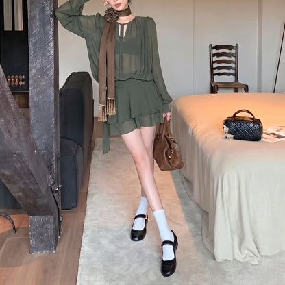 French-Style Lantern-Sleeve Tie-Waist Dress