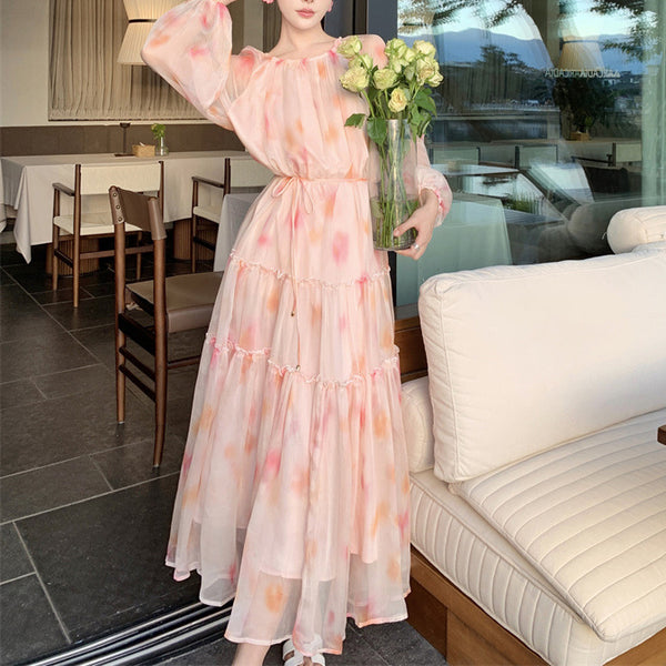 French Chiffon Floral Long-Sleeved Holiday Dress