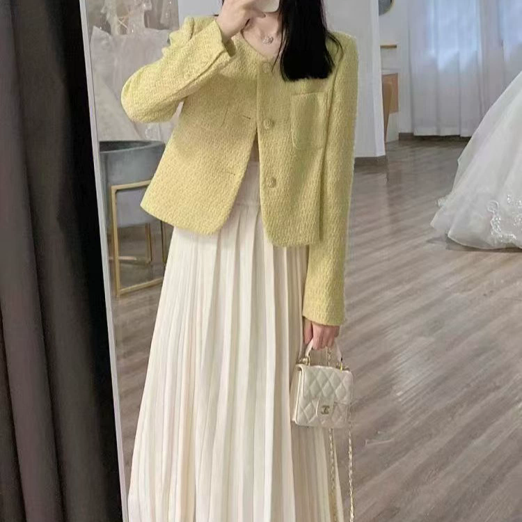 Stylish And Casual Yellow Tweed Suit Jacket