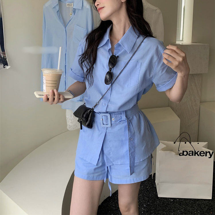 Collared Short-Sleeve Shirt And High-Waisted Shorts Set