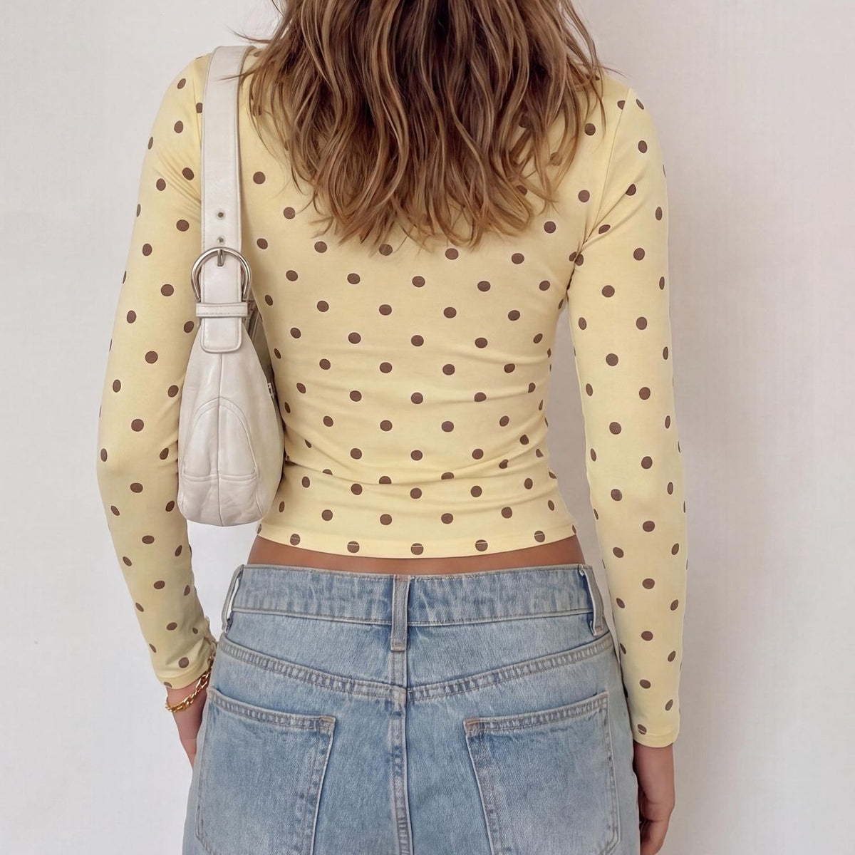 Crew Neck Long-Sleeved Polka Dot Print T-Shirt