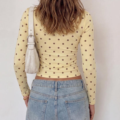 Crew Neck Long-Sleeved Polka Dot Print T-Shirt