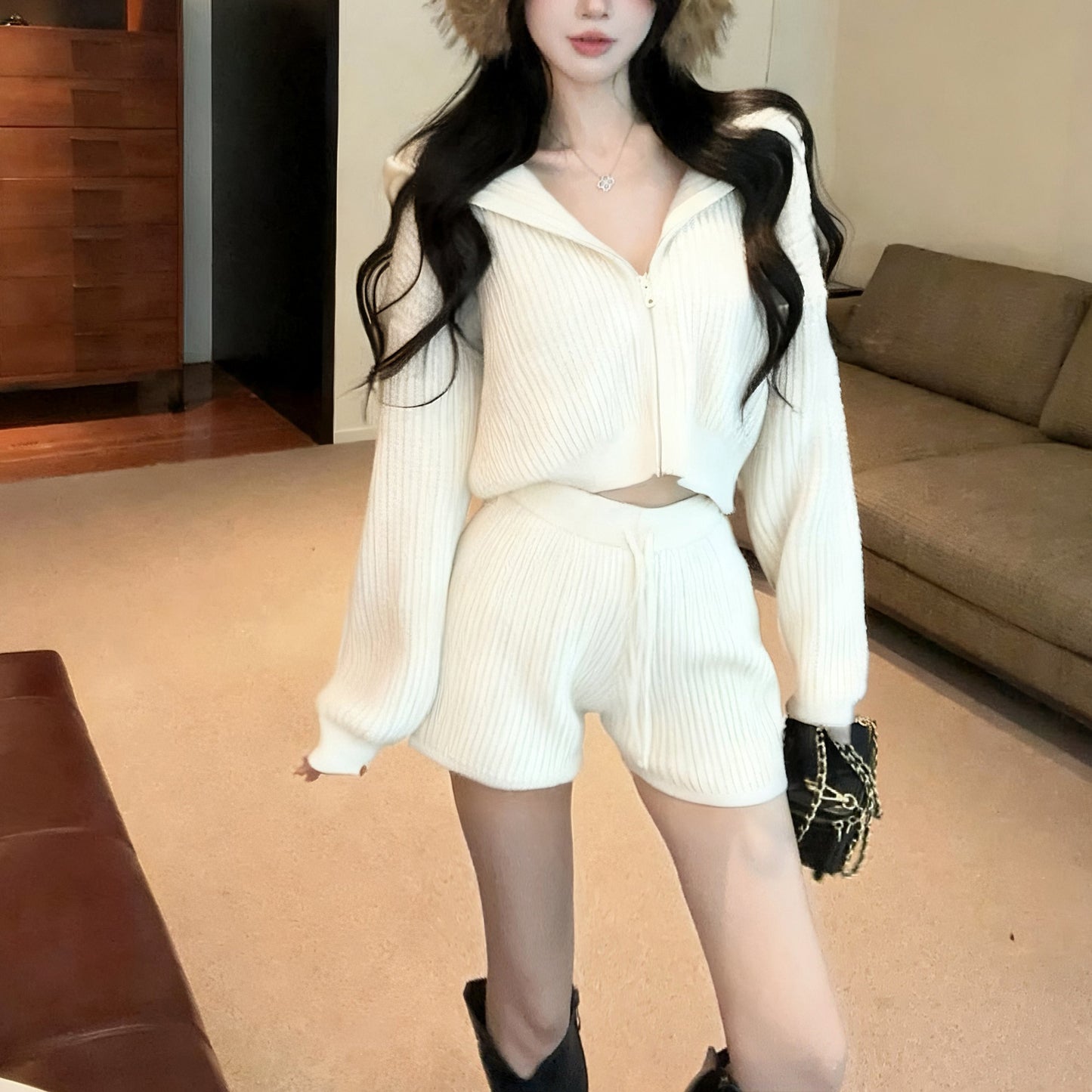 Casual Fashion Hooded Loose Long Sleeve Knitted Cardigan Sweater Drawstring Shorts Two-Piece Set