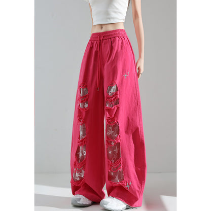 Fashionable Embroidered Lace Patchwork Curved Trousers