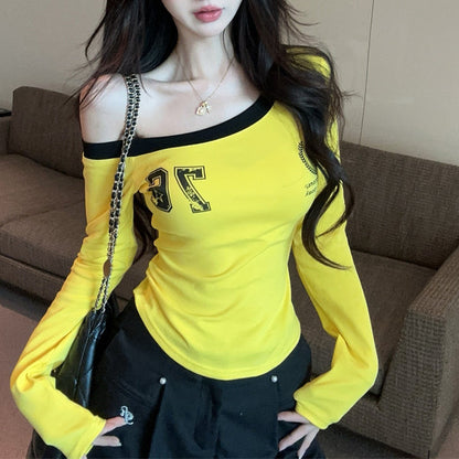 Sexy Color-Block One-Shoulder Long-Sleeve T-Shirt