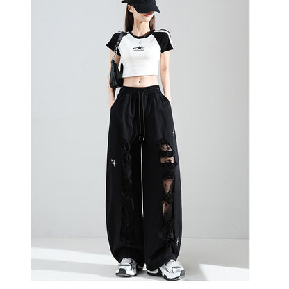 Fashionable Embroidered Lace Patchwork Curved Trousers