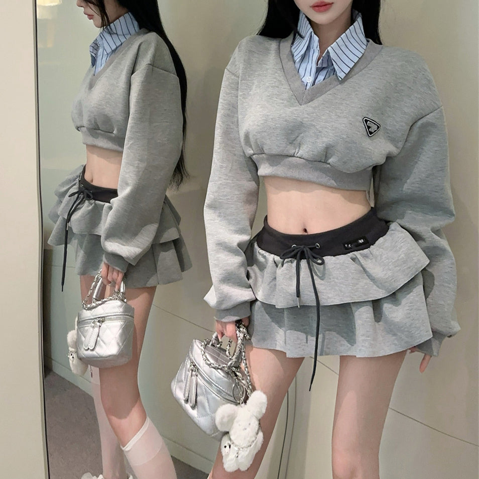 French Sexy Contrast Color Fake Two-Piece Sweatshirt High Waist Skirt Two-Piece Set