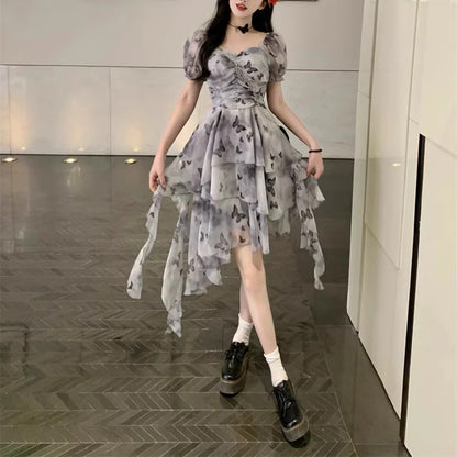 French Irregular Butterfly Print Ruffle Dress