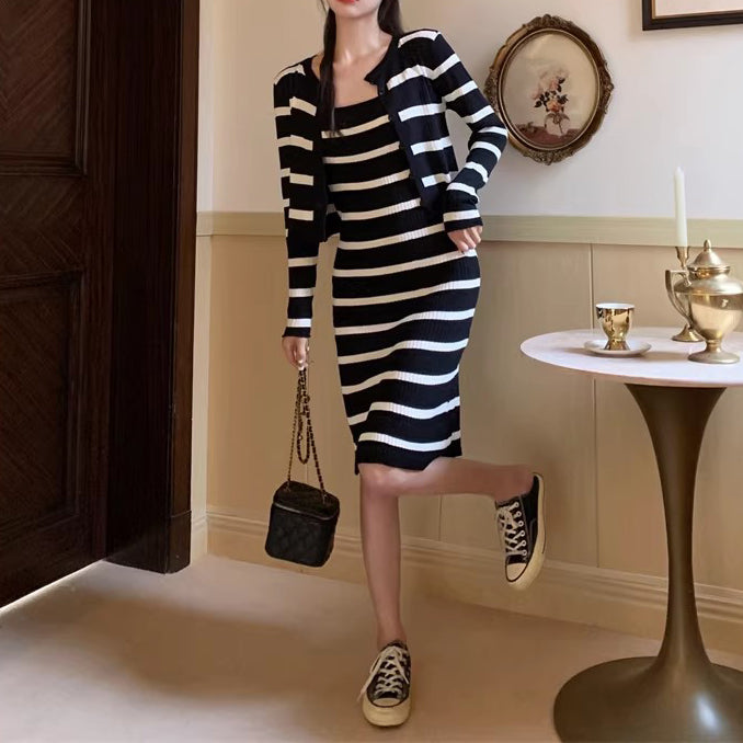 Striped Contrast Cami Dress Knit Cardigan Top Winter Set