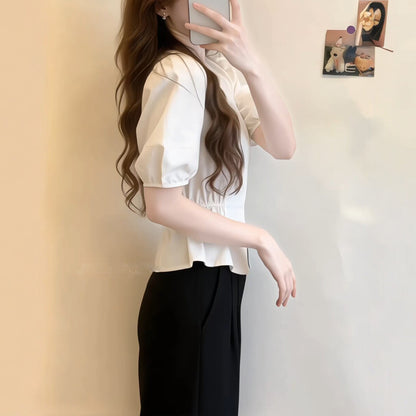 White Puff-Sleeve Short-Sleeve Shirt