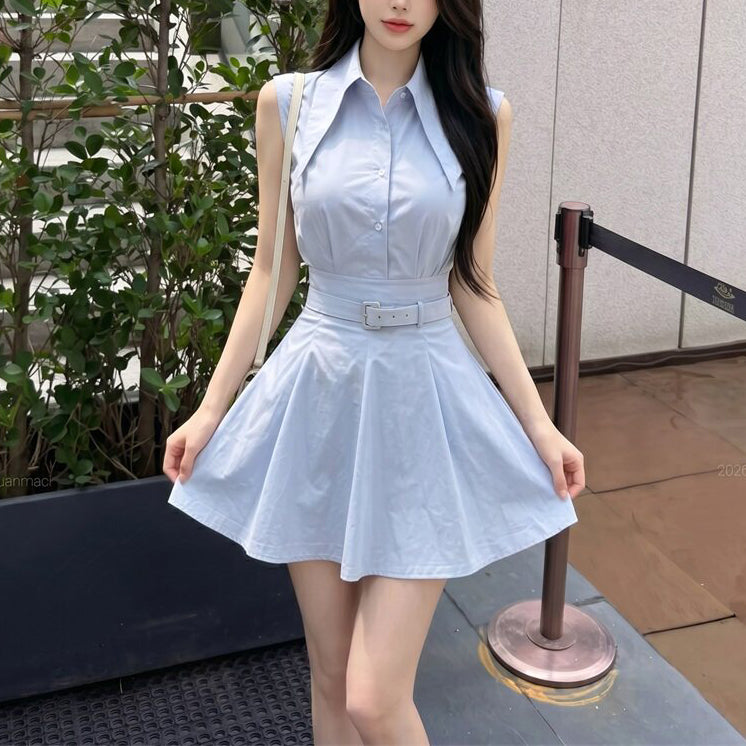 Collared Off-Shoulder Sleeveless Shirt And High-Waisted Skirt Set