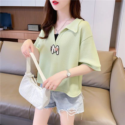 Loose Oversized Polo Neck Short-Sleeved Top
