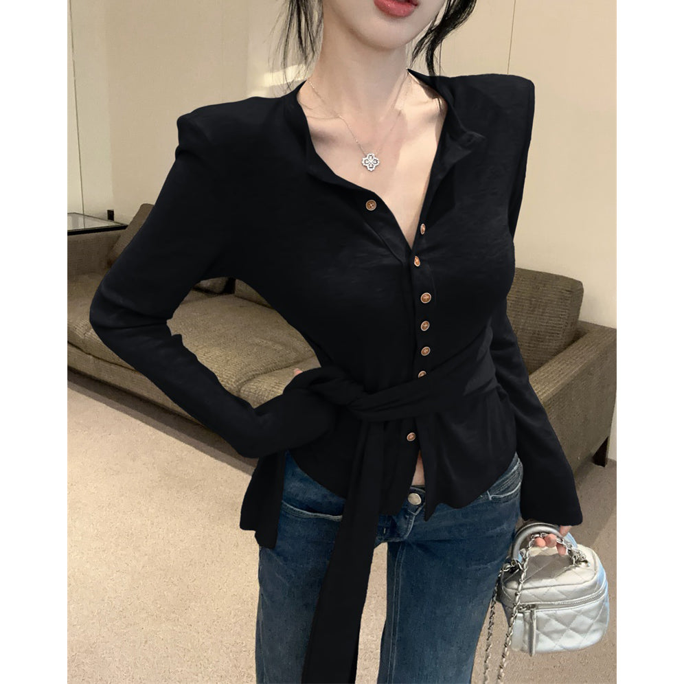 Single-Breasted Fashionable Sexy Chic Long-Sleeved Tie T-Shirt