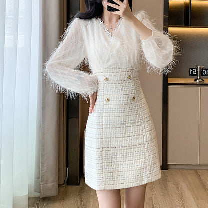 French Tweed Fringed V-Neck Dress