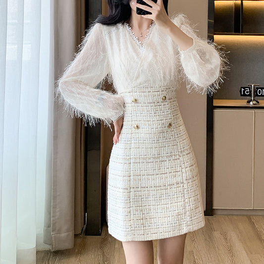 French Tweed Fringed V-Neck Dress