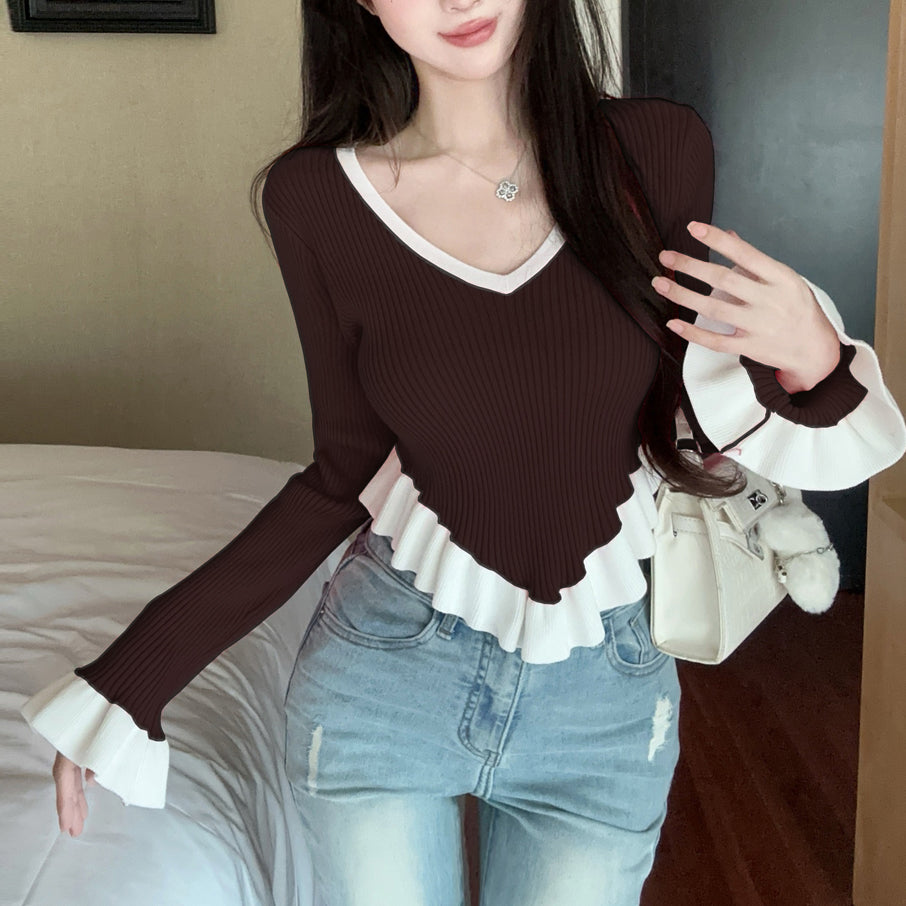 Ruffle Contrast Color Fashionable Sexy Irregular Long-Sleeved Knitted T-Shirt