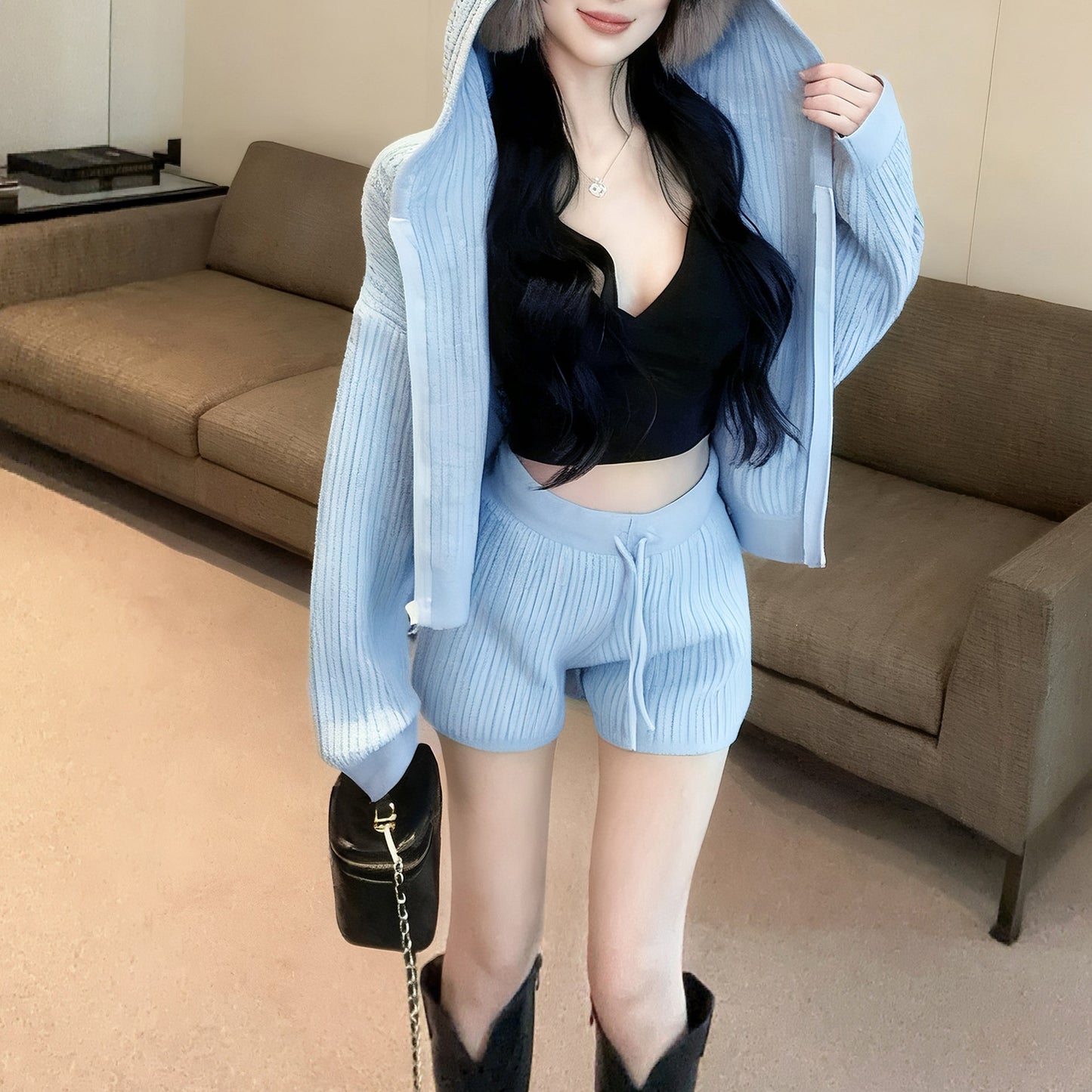 Casual Fashion Hooded Loose Long Sleeve Knitted Cardigan Sweater Drawstring Shorts Two-Piece Set